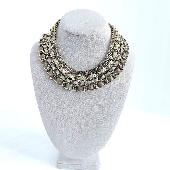 WHBM Gold Chain Multistrand Bib Necklace Leather Braiding Statement Choker - Picture 2 of 7